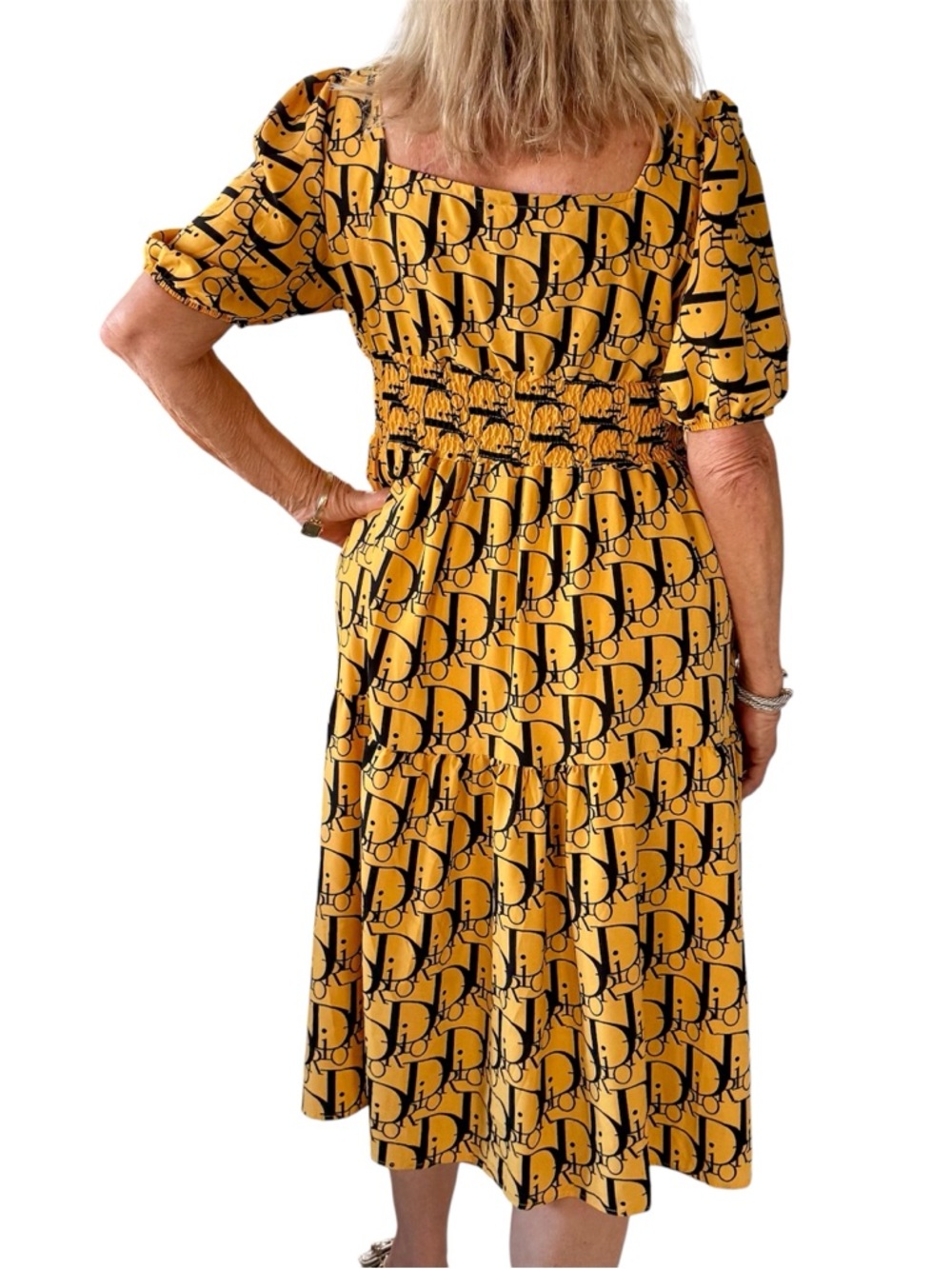 Midi length dress square neck line, mustard yellow & black Dior print fabric - Picture 10 of 15